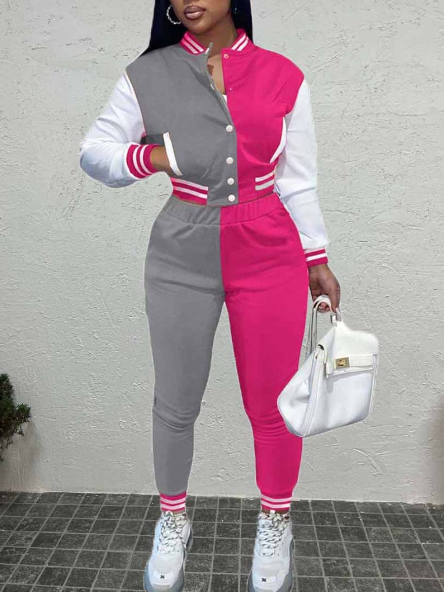 LW Patchwork Breasted Color Block Skinny Two-piece Pants Set