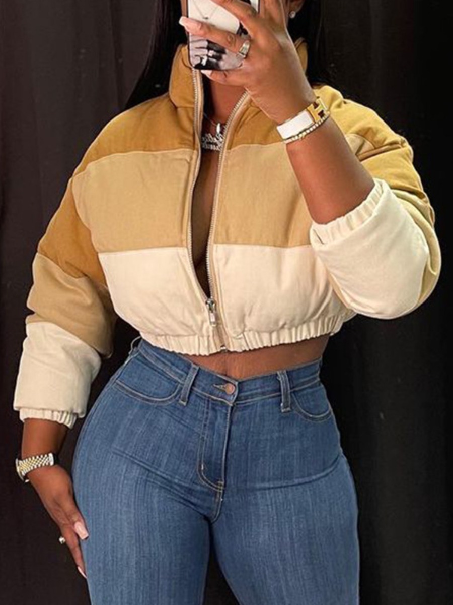 LovelyWholesale Plus Size Crop Top Patchwork Parka Winter Nine Points Sleeve Casual Zipper Design Round Neck  3X Spring Summer 2024