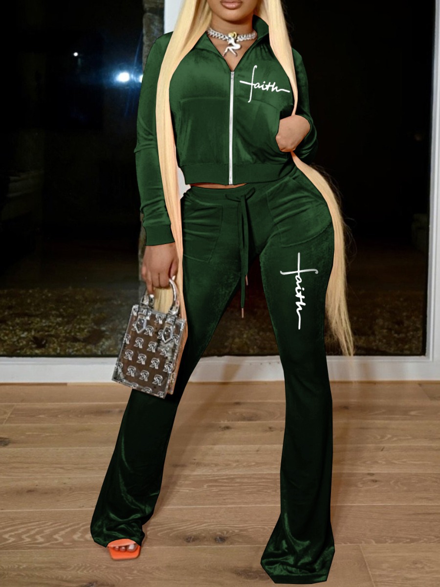 LW Plus Size Velvet Faith Letter Print Flared Pants Set