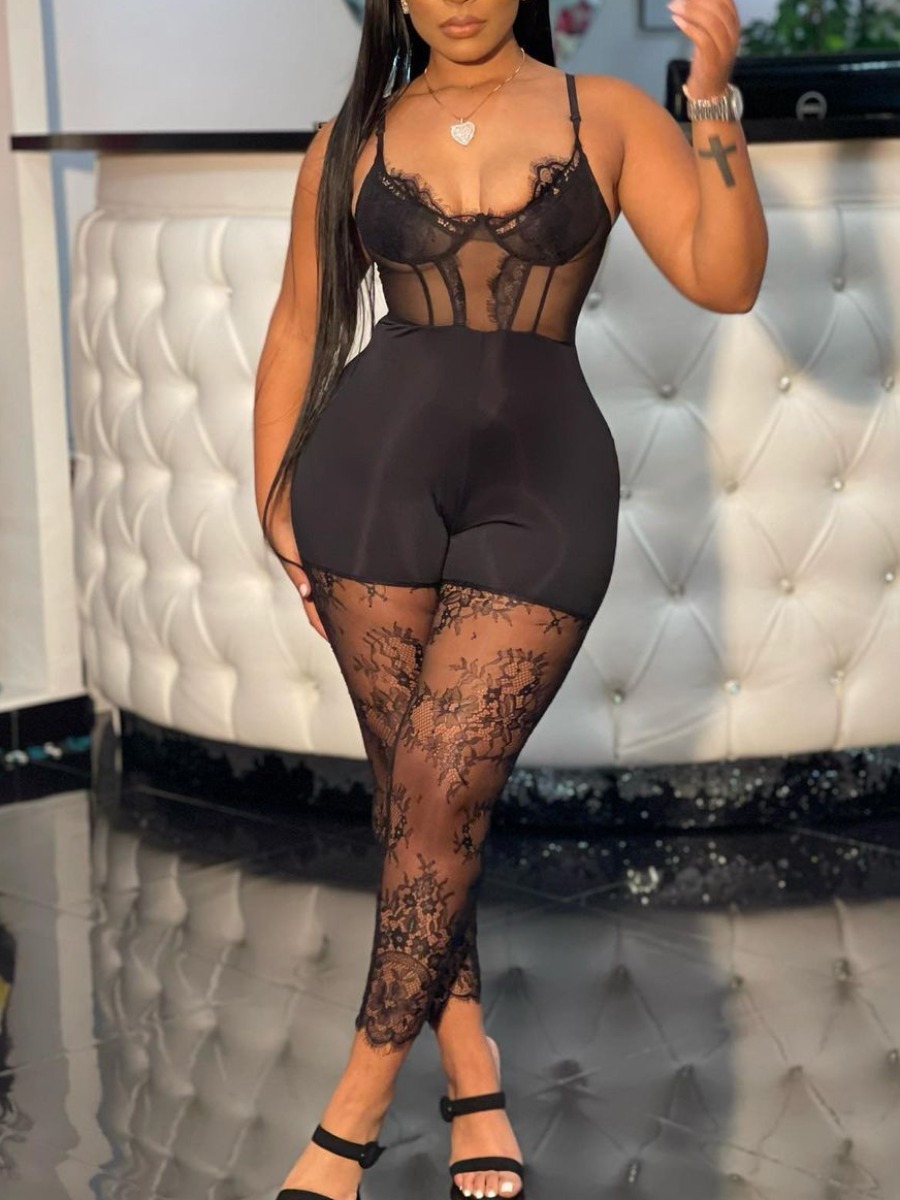 LovelyWholesale SXY See Through Solid Color Skinny Jumpsuit Spring|Summer Sleeveless Sxy See Through Spaghetti Strap Spring Summer 2024