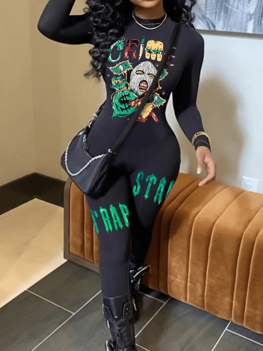 LovelyWholesale Masked Face Letter Print Skinny Jumpsuit Fall Long Sleeve Street Pattern Round Neck Spring Summer 2024