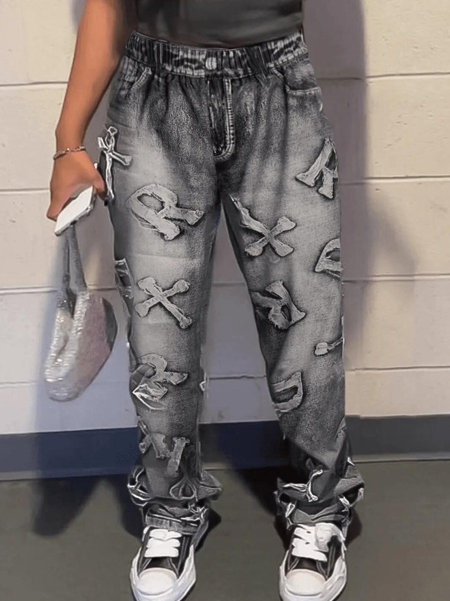 LovelyWholesale Mid Waist Letter Decor Loose Pants Spring|Fall Nine Points Sleeve Street Pattern Spring Summer 2024