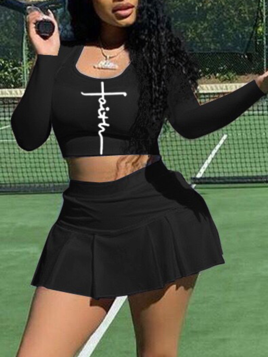 LovelyWholesale Crop Top Faith Letter Print Pleated Skirt Set Spring Long Sleeve Casual Pattern U Neck Spring Summer 2024