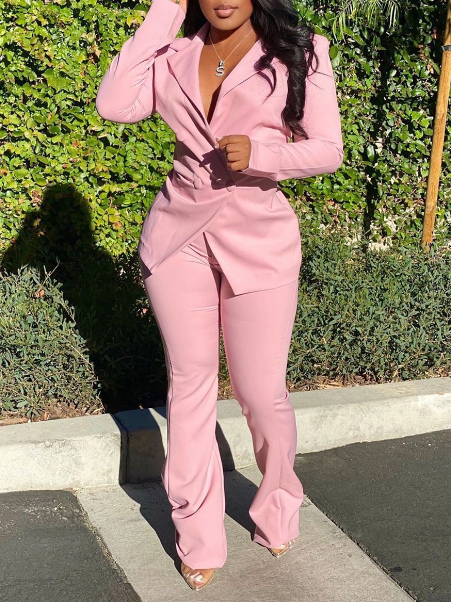 LovelyWholesale Button Design Blazer Pants Set Fall Long Sleeve Elegant Button Design Lapel Neck Spring Summer 2024