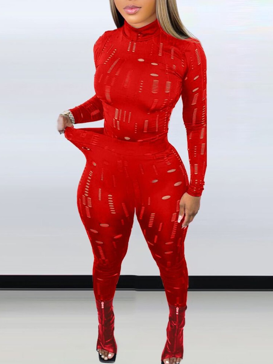 LovelyWholesale SXY Plus Size Turtleneck Pierced Skinny Pants Set Fall Long Sleeve Sxy Round Neck  3X Spring Summer 2024