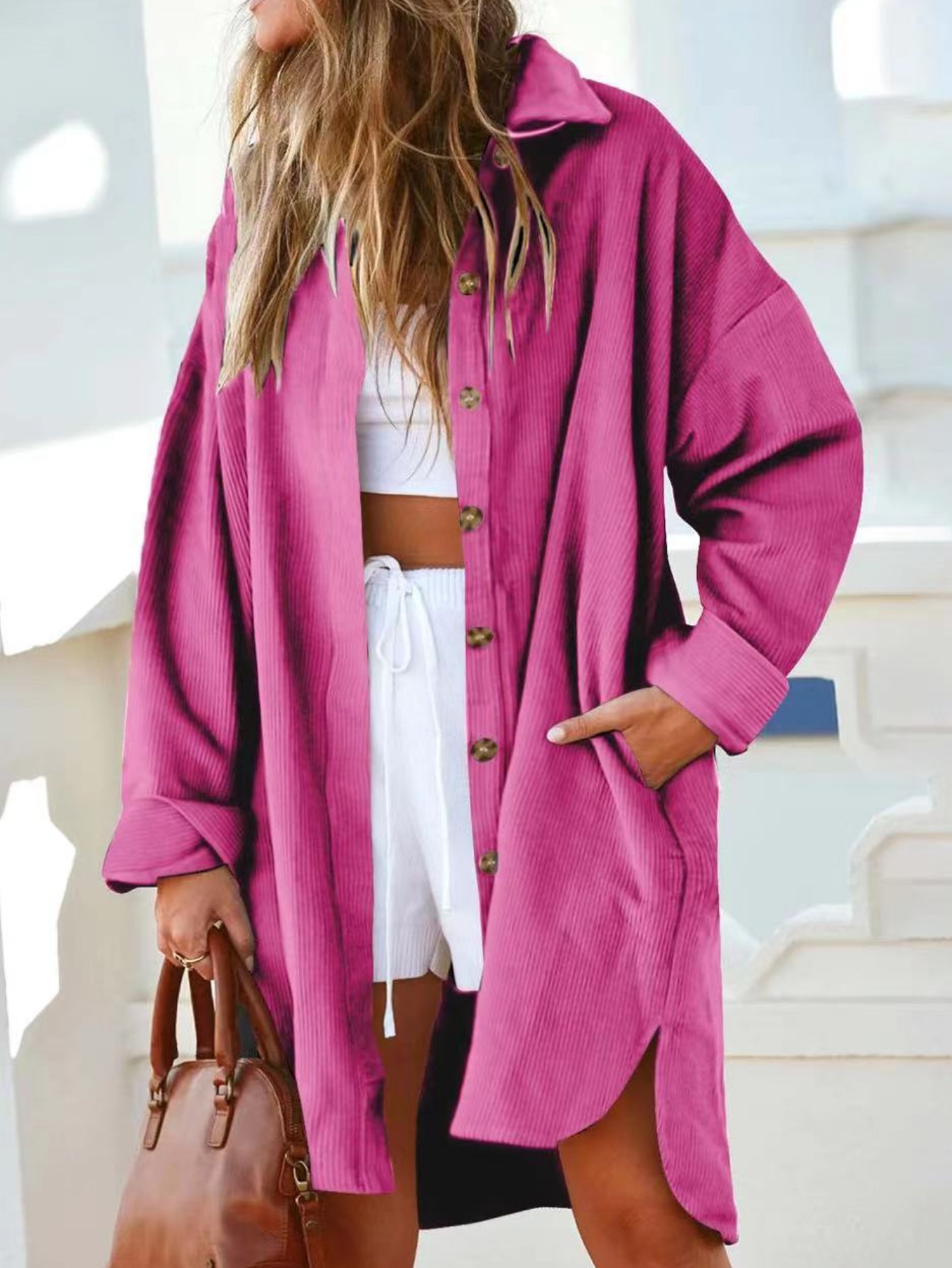 LW BASICS Dropped Shoulder Curved Hem Loose Shirt