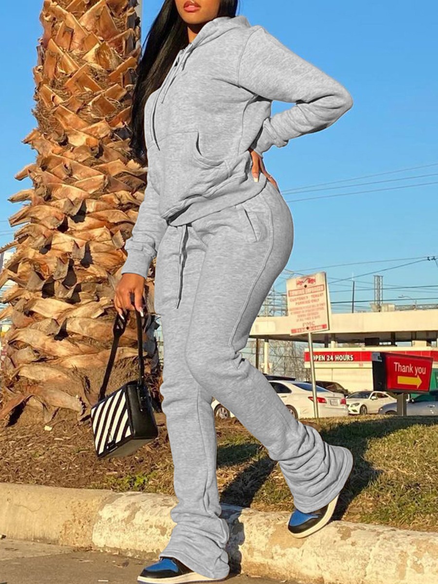 LovelyWholesale Kangaroo Pocket Stacked Tracksuit Set Fall Long Sleeve Casual Hooded Collar Spring Summer 2024
