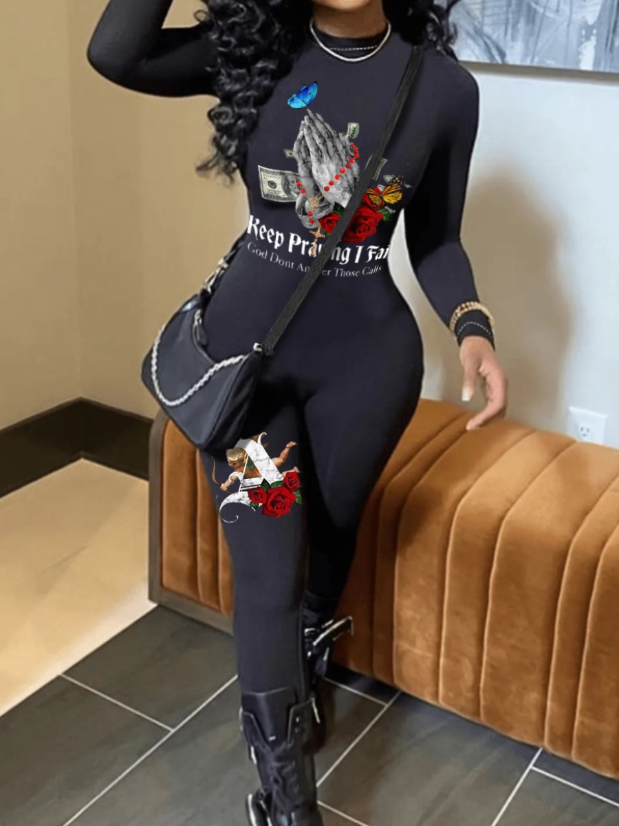 LovelyWholesale Money Figure Letter Print Skinny Jumpsuit Fall Long Sleeve Street Pattern Round Neck Spring Summer 2024