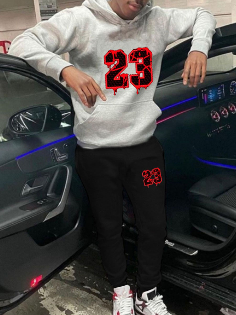 LovelyWholesale Men Number 23 Print Kangaroo Pocket Tracksuit Set Fall Long Sleeve Casual Hooded Collar Spring Summer 2024