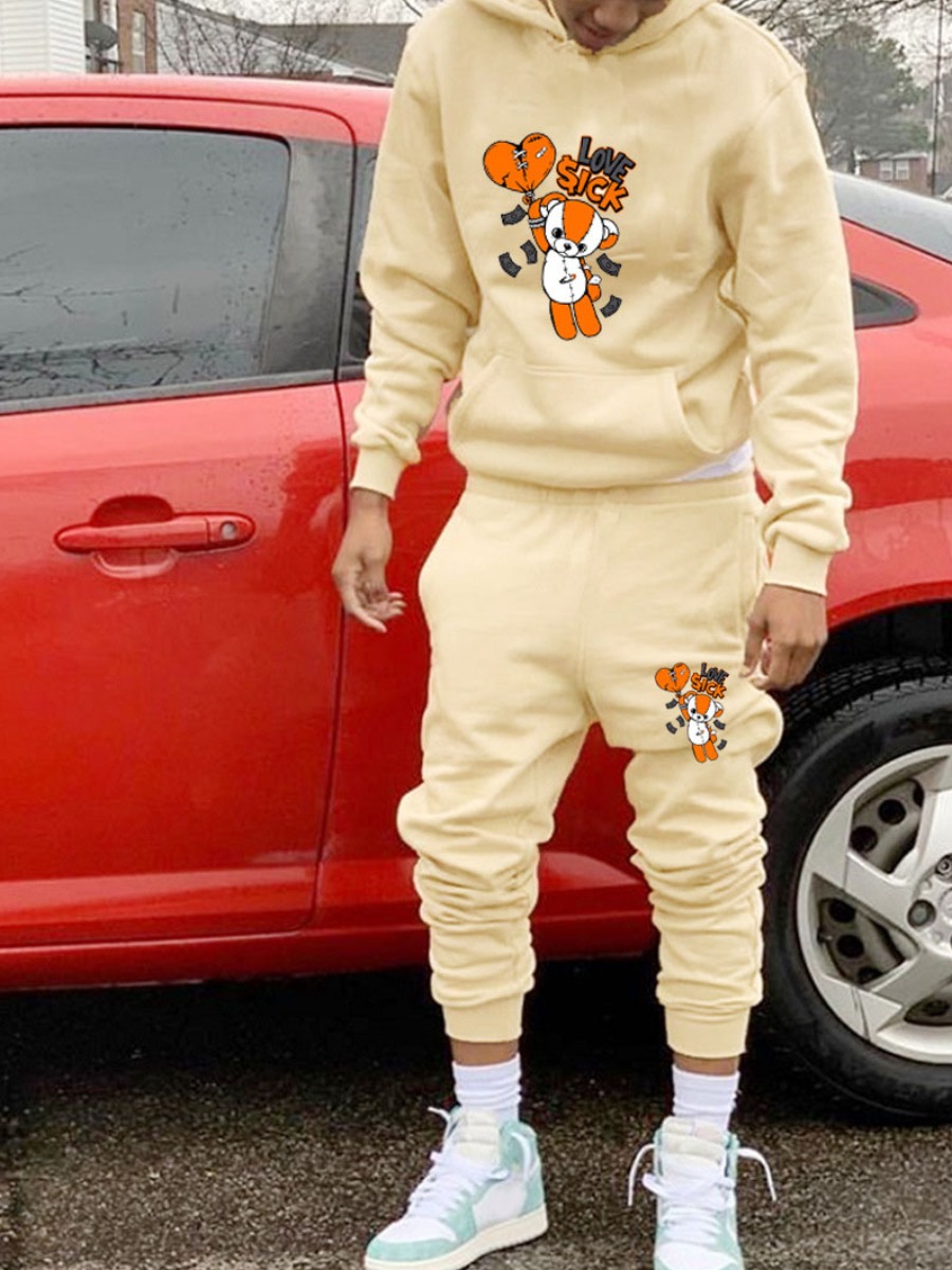 LW Men Cartoon Print Kangaroo Pocket Tracksuit Set