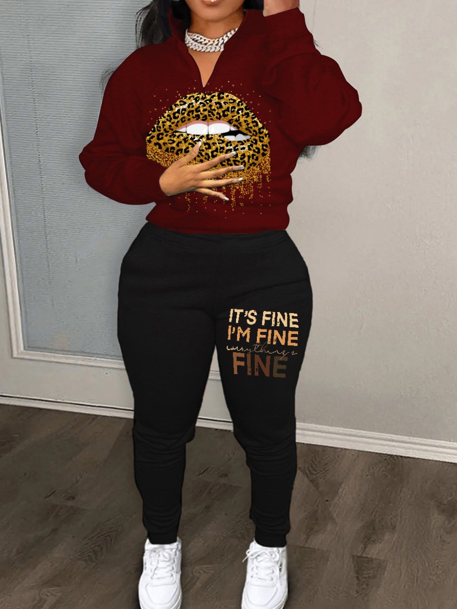 LW Plus Size Leopard Lip Letter Print Pants Set