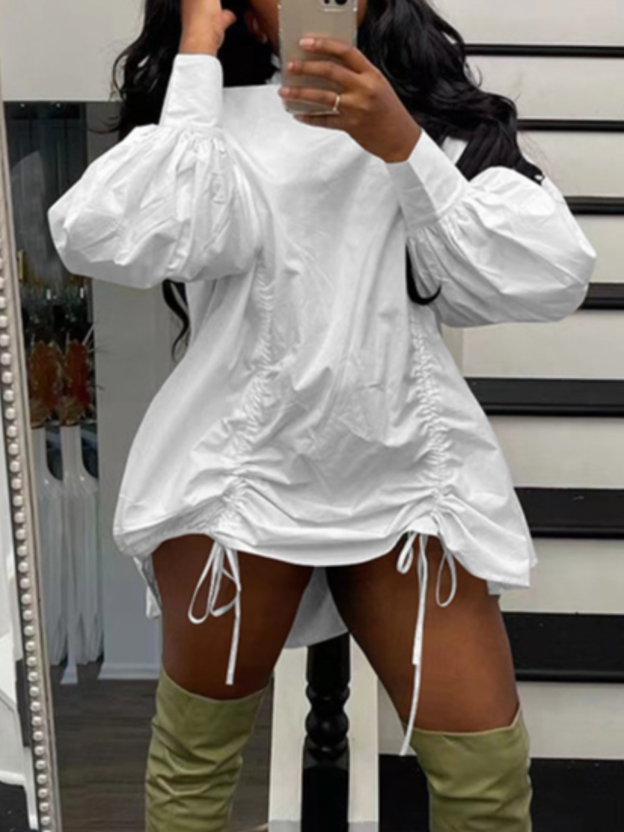 LovelyWholesale Ruched Drawstring Dress Fall Long Sleeve Casual Drawstring Round Neck Spring Summer 2024
