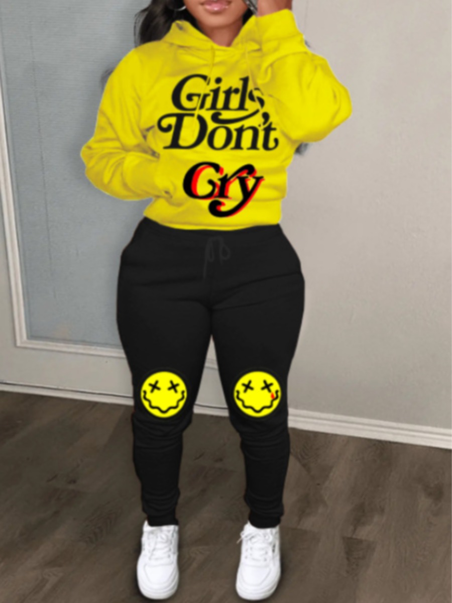 LW Cartoon Letter Print Kangaroo Pocket Pants Set