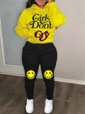 LW Cartoon Letter Print Kangaroo Pocket Pants Set