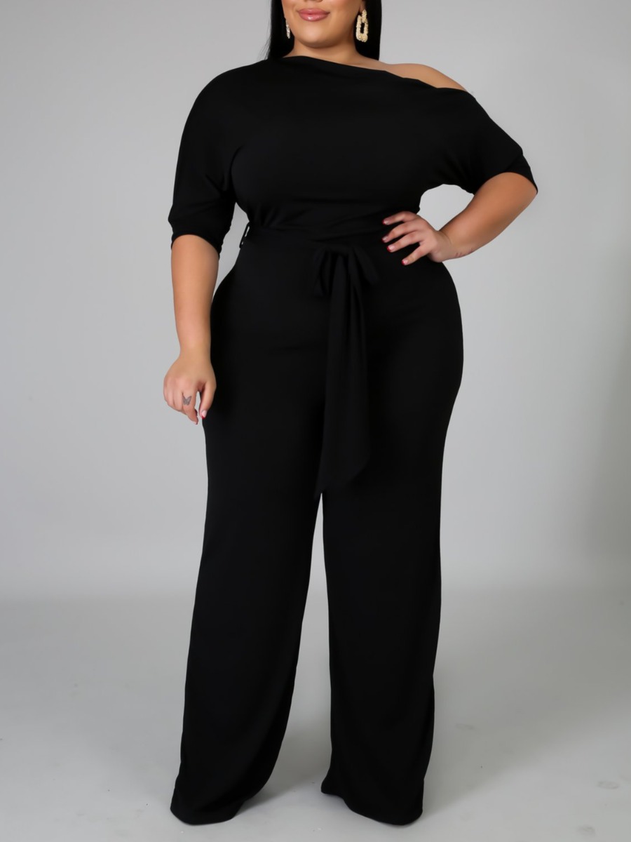 LovelyWholesale Plus Size Inclined Neck Bandage Design Wide Leg Jumpsuit Spring|Summer Half Sleeve Casual Waist Bandage One Spring Summer 2024