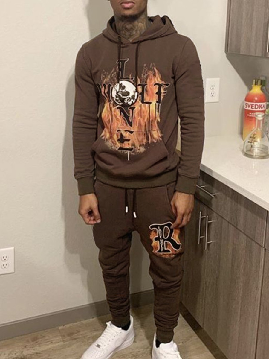 LW Men Blaze Letter Print Kangaroo Pocket Tracksuit Set