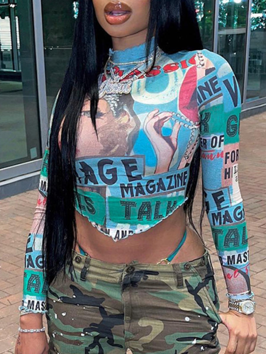 LW SXY Crop Top Figure Letter Print Lettuce Trim T-shirt