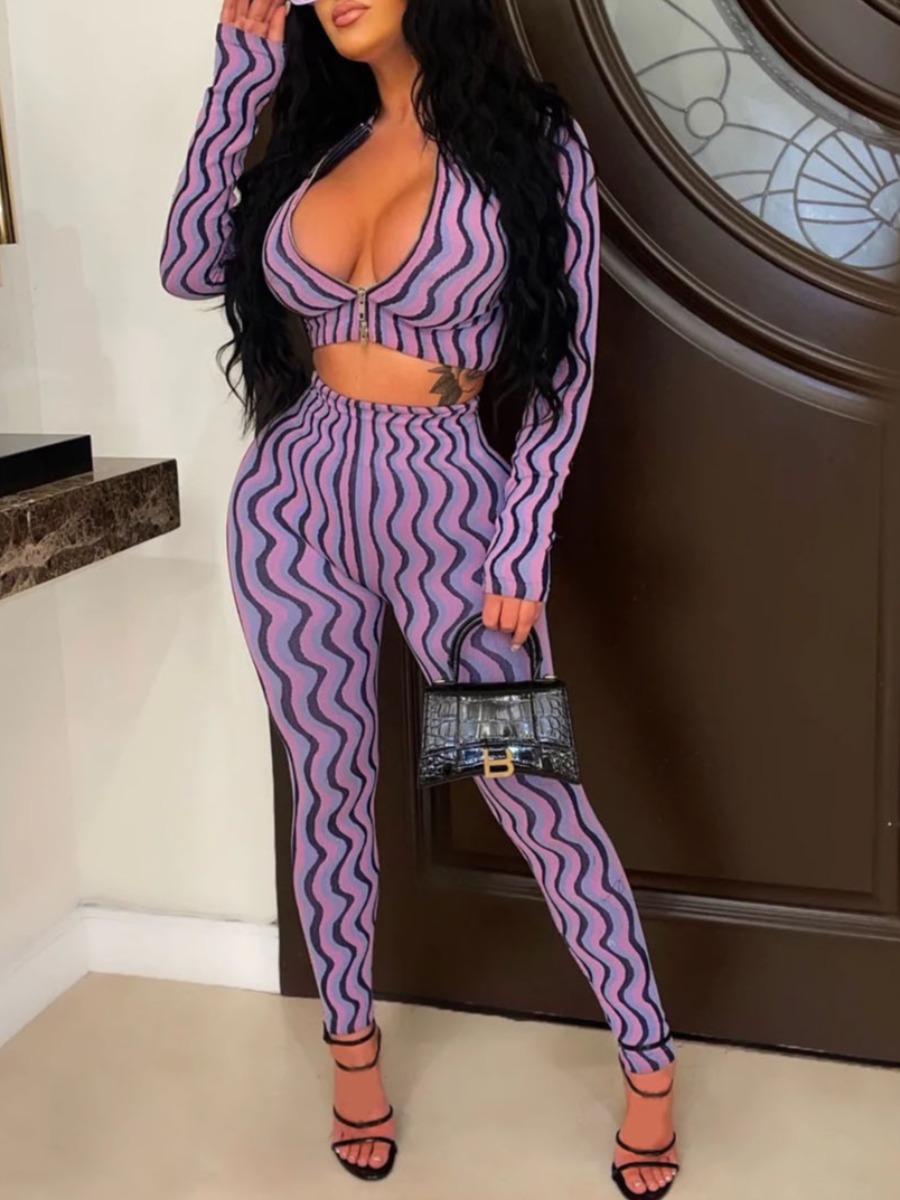 LW Crop Top Striped Skinny Pants Set