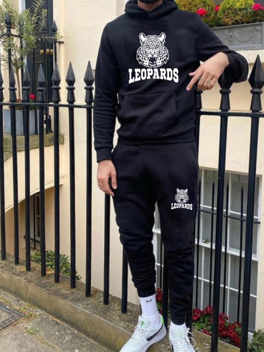 LW Men Leopard Letter Print Kangaroo Pocket Tracksuit Set