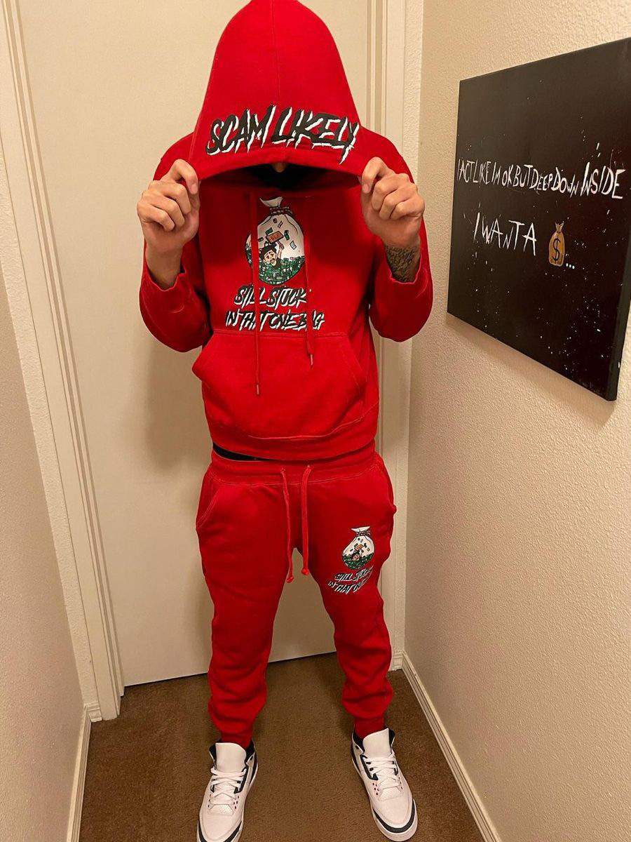 LW Men Letter Print Kangaroo Pocket Tracksuit Set