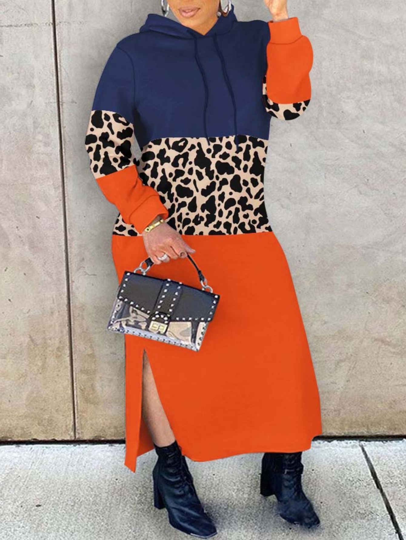 LovelyWholesale Plus Size Hooded Collar Leopard Sweat Dress Fall Long Sleeve Casual Hooded Collar  5X Spring Summer 2024