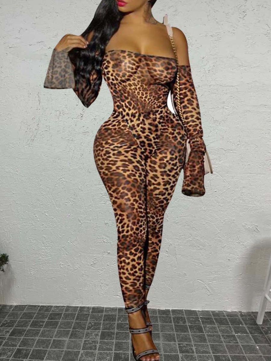 LW SXY Off The Shoulder Leopard Print Skinny Jumpsuit