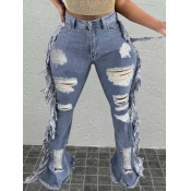 LW High Waist Tassel Design Ripped Pocket Pierced 