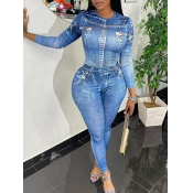 LW Imitation Denim Round Neck Skinny Pants Set