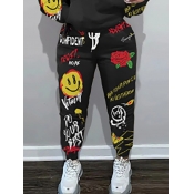 LW Cartoon Floral Letter Print Drawstring Sweatpan