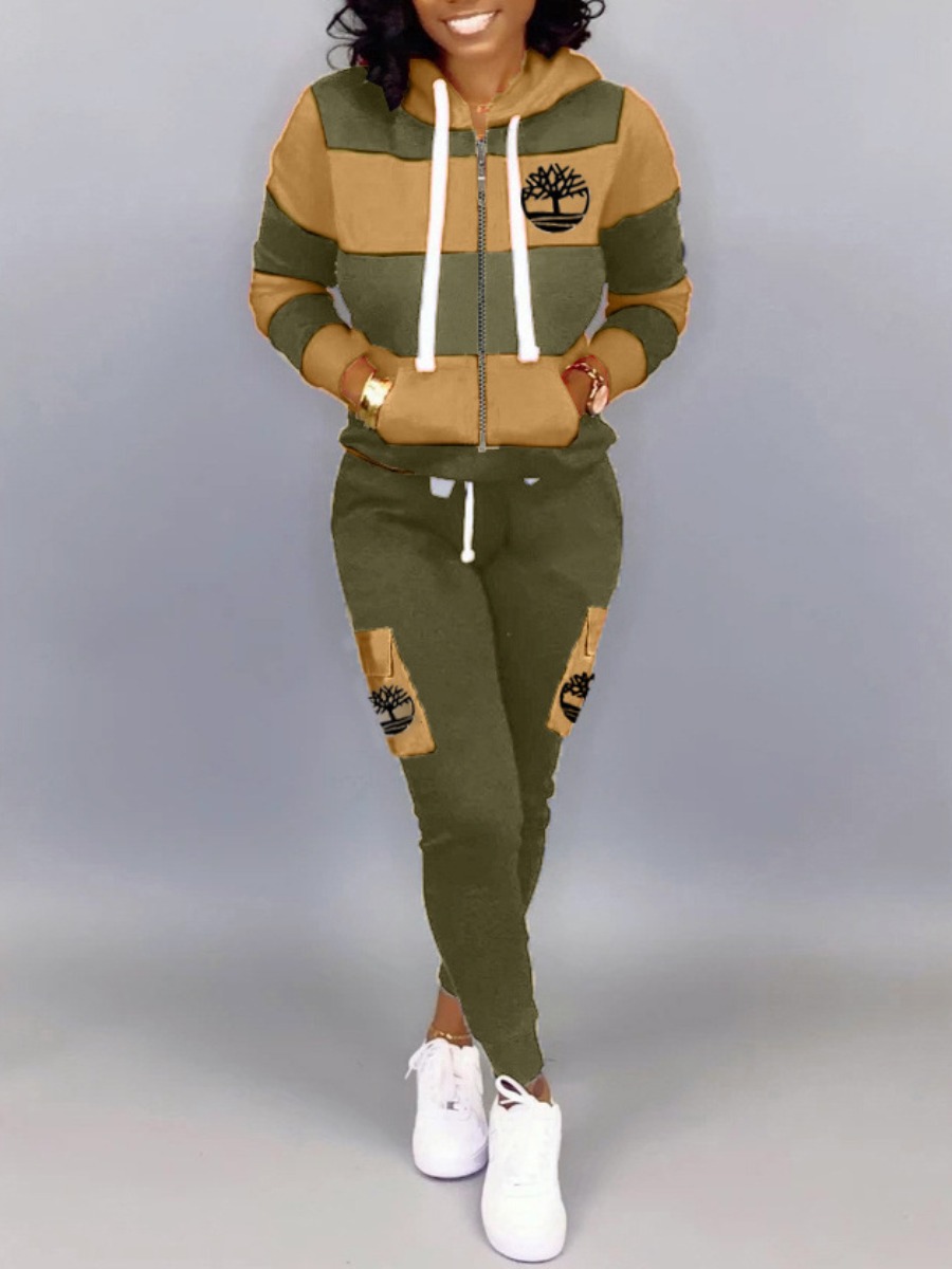 LW Striped Drawstring Kangaroo Pocket Tracksuit Set
