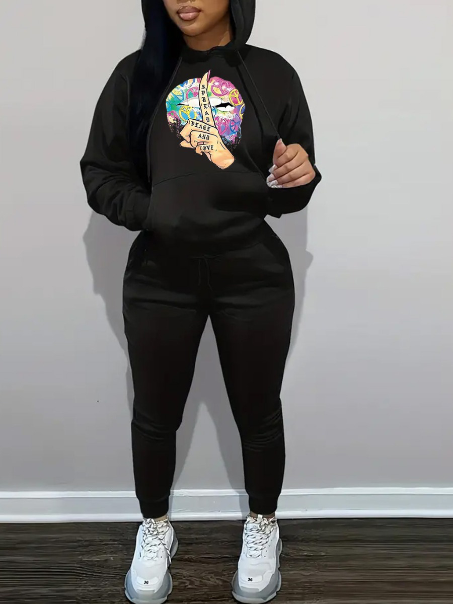 LW Plus Size Lip Print Kangaroo Pocket Tracksuit Set