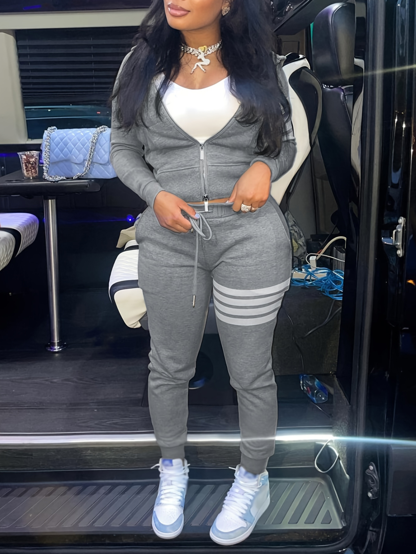 LW Striped Drawstring Zipper Design Tracksuit Set