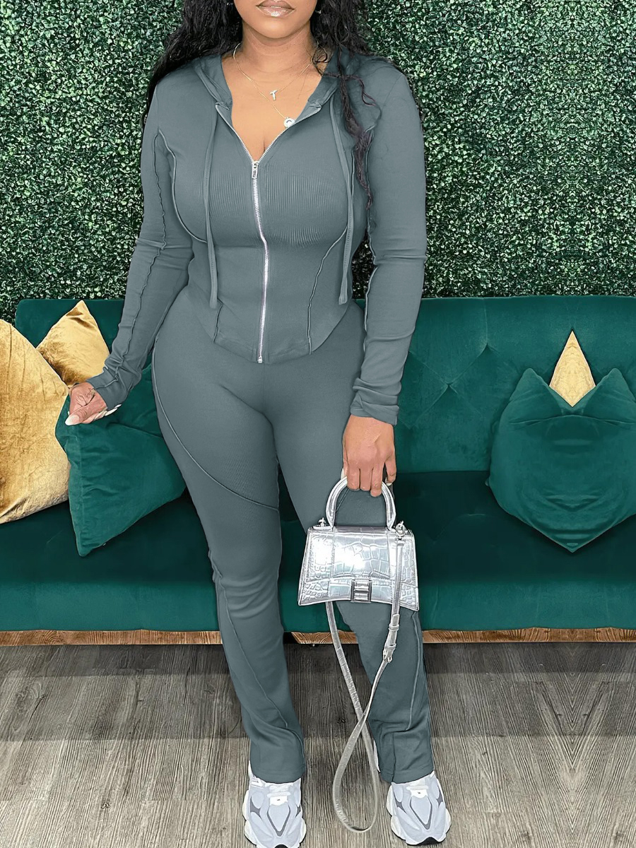 LW Hooded Collar Drawstring High Waist Pants Set