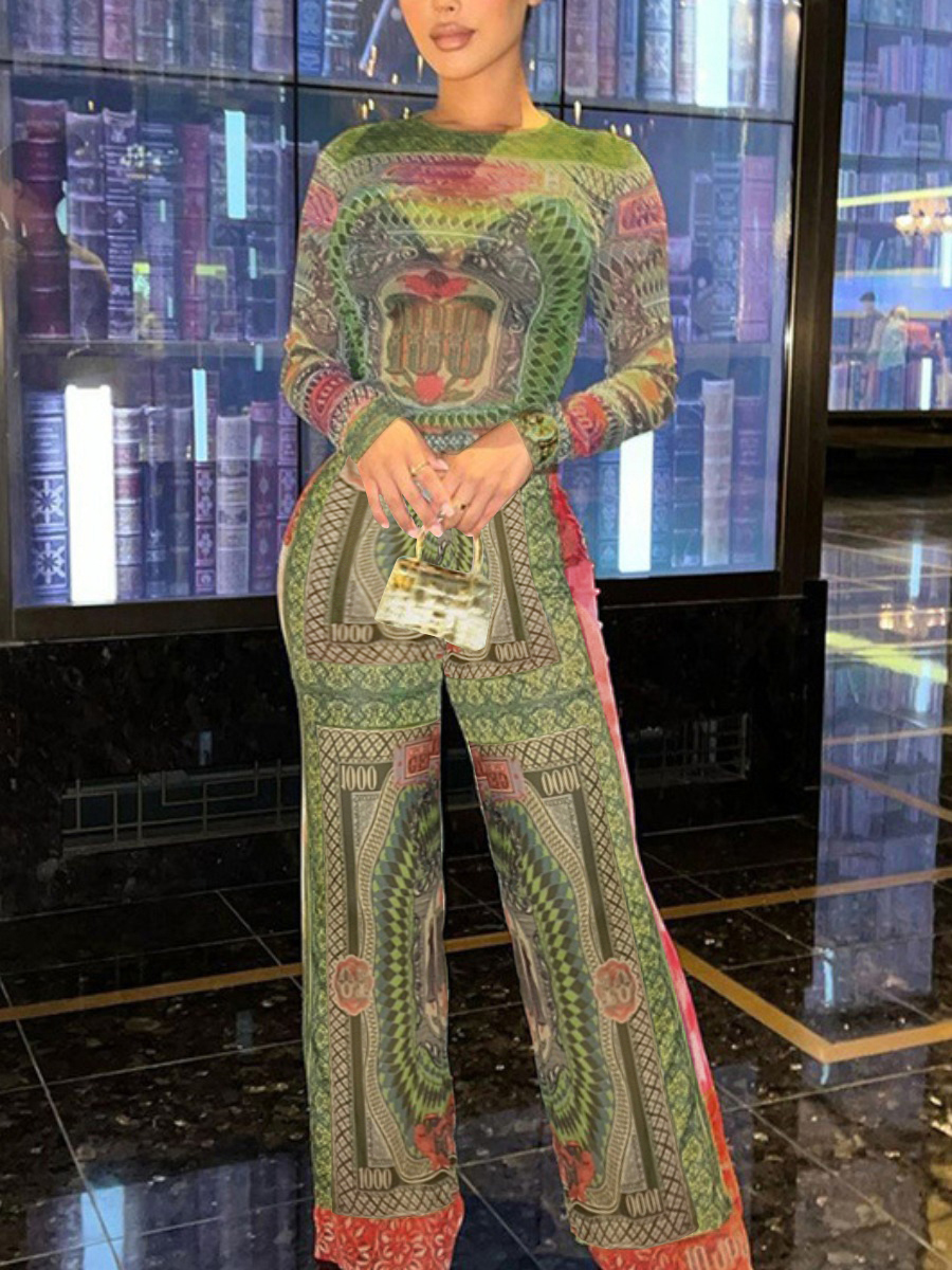 LovelyWholesale Mixed Print See Through Wide Leg Pants Set Fall Long Sleeve Casual Round Neck Spring Summer 2024
