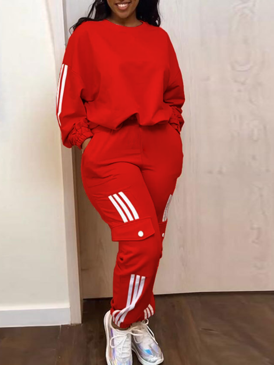 LW Plus Size Striped Drawstring Pocket Design Pants Set