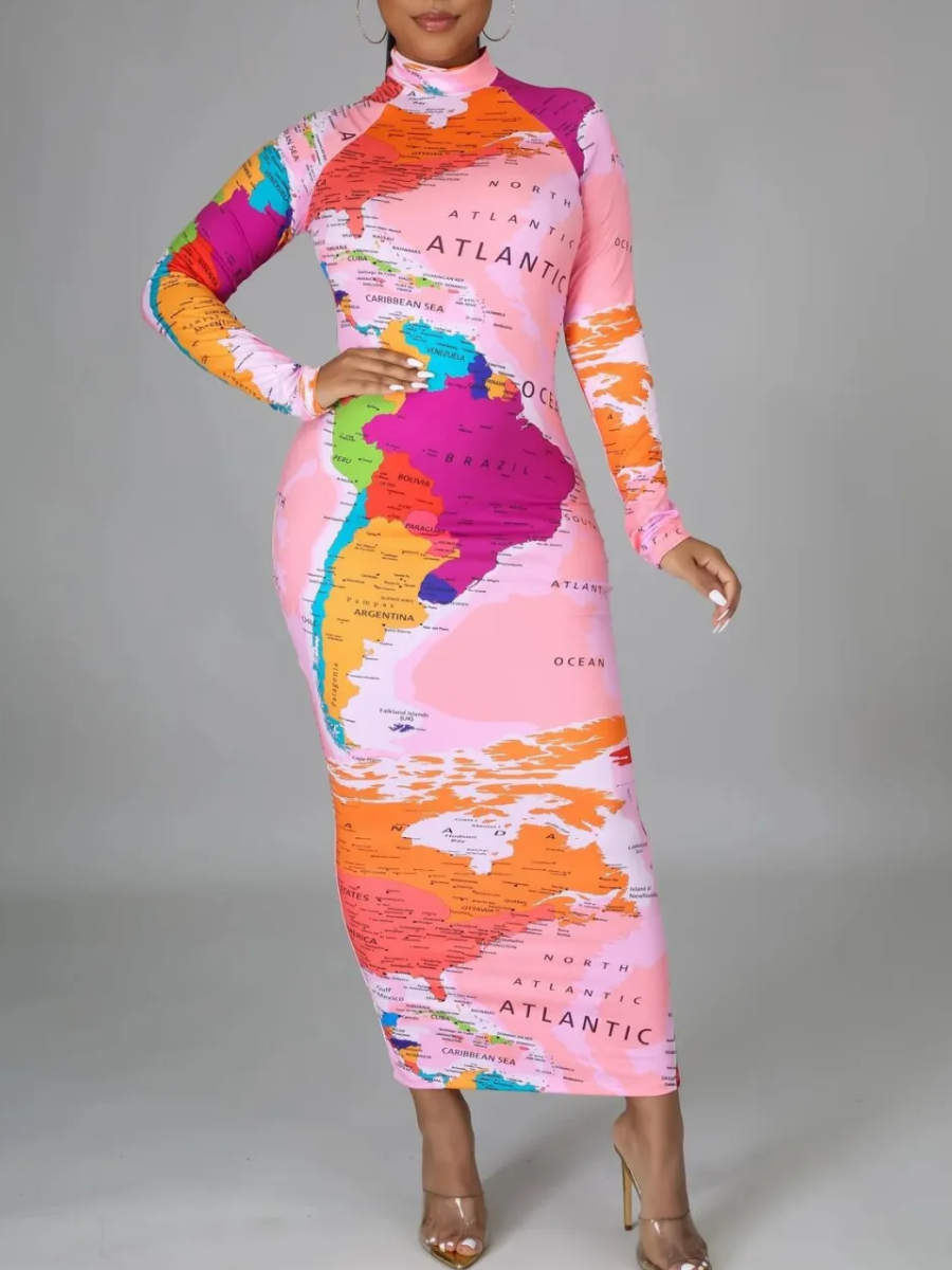LovelyWholesale World Map Letter Print Patchwork Bodycon Dress Fall Long Sleeve Casual Pattern Round Neck Spring Summer 2024