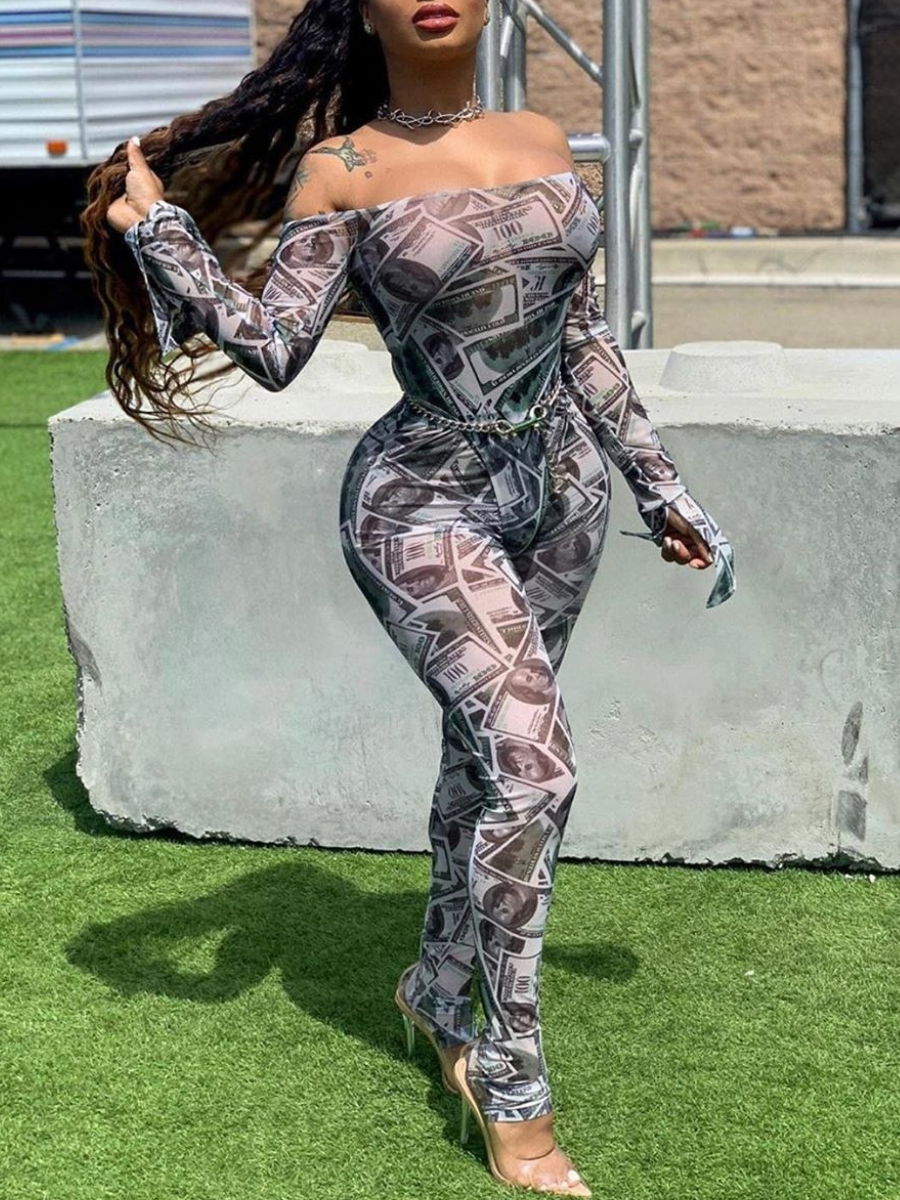 LW Off The Shoulder Money Print Skinny Pants Set