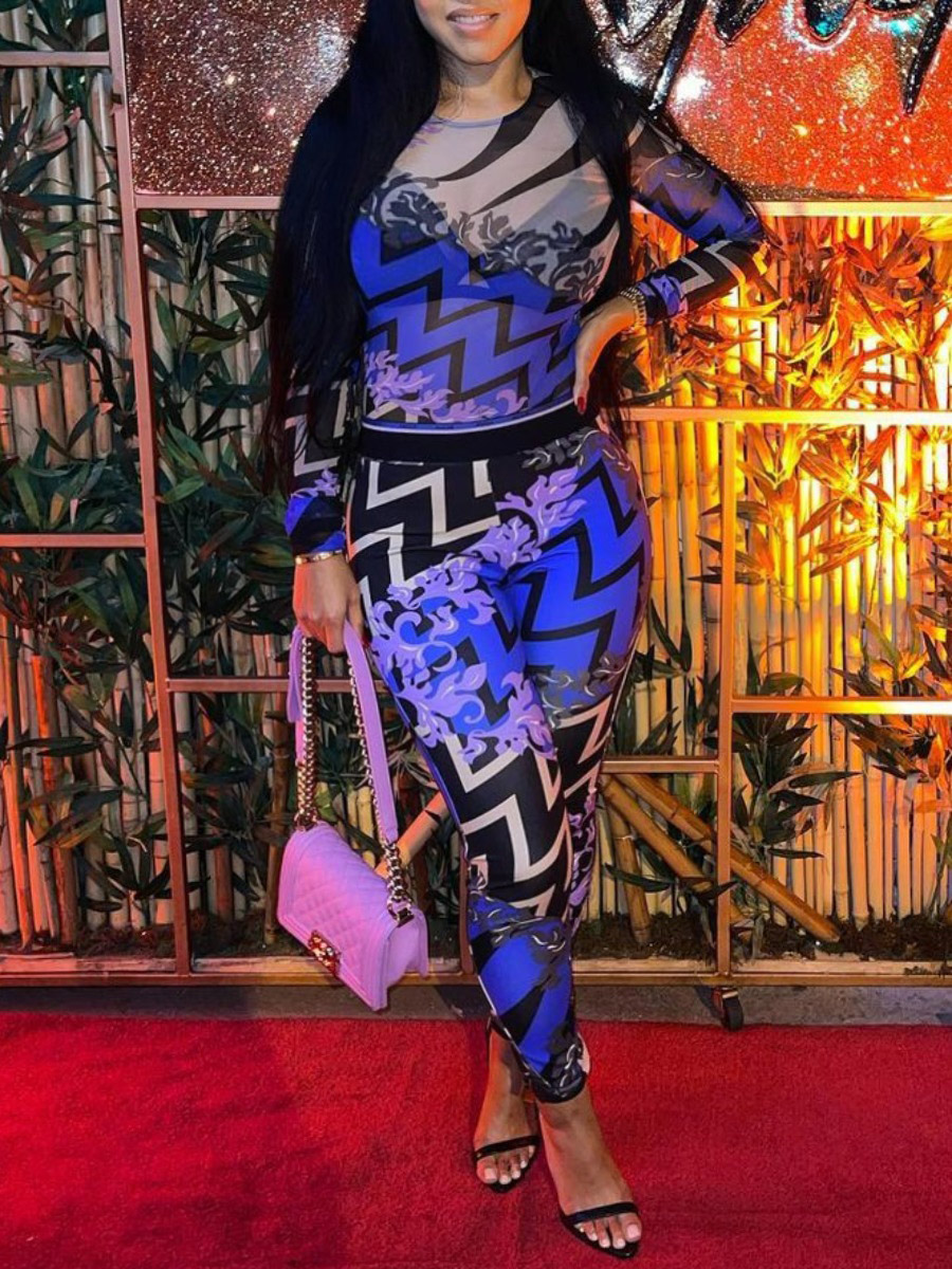 LovelyWholesale Plus Size Geometric Print See Through Skinny Jumpsuit Fall Long Sleeve Casual Pattern Round Neck  3X Spring Summer 2024