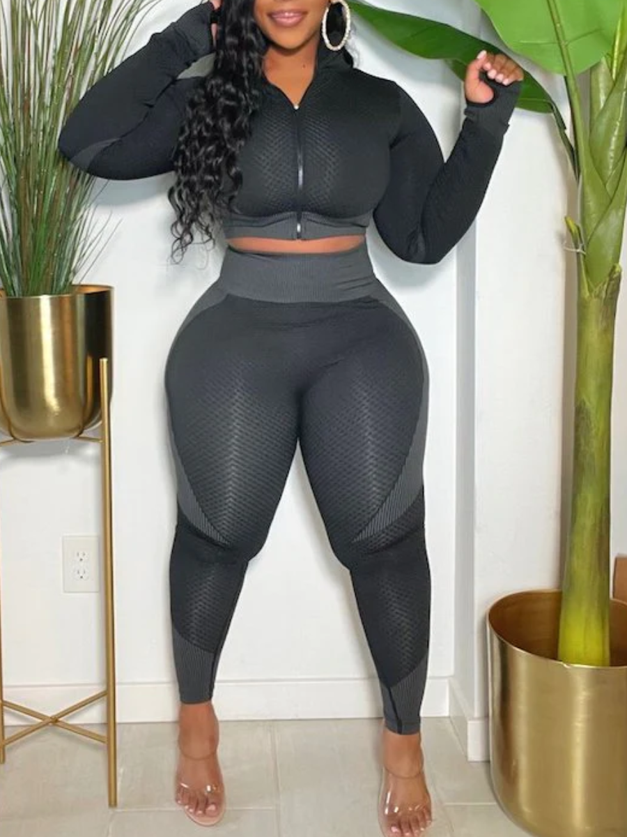 LovelyWholesale Plus Size Zipper Design Patchwork Skinny Pants Set Fall Long Sleeve Casual Zipper Design Turndown Collar  4X Spring Summer 2024