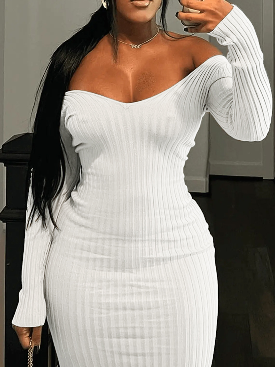 LovelyWholesale BASICS Off The Shoulder Rib Knit Bodycon Dress Fall Long Sleeve Casual Solid Color Bateau Neck Spring Summer 2024
