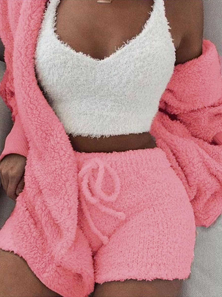 LW Plus Size Hooded Collar Drawstring Teddy Shorts Set