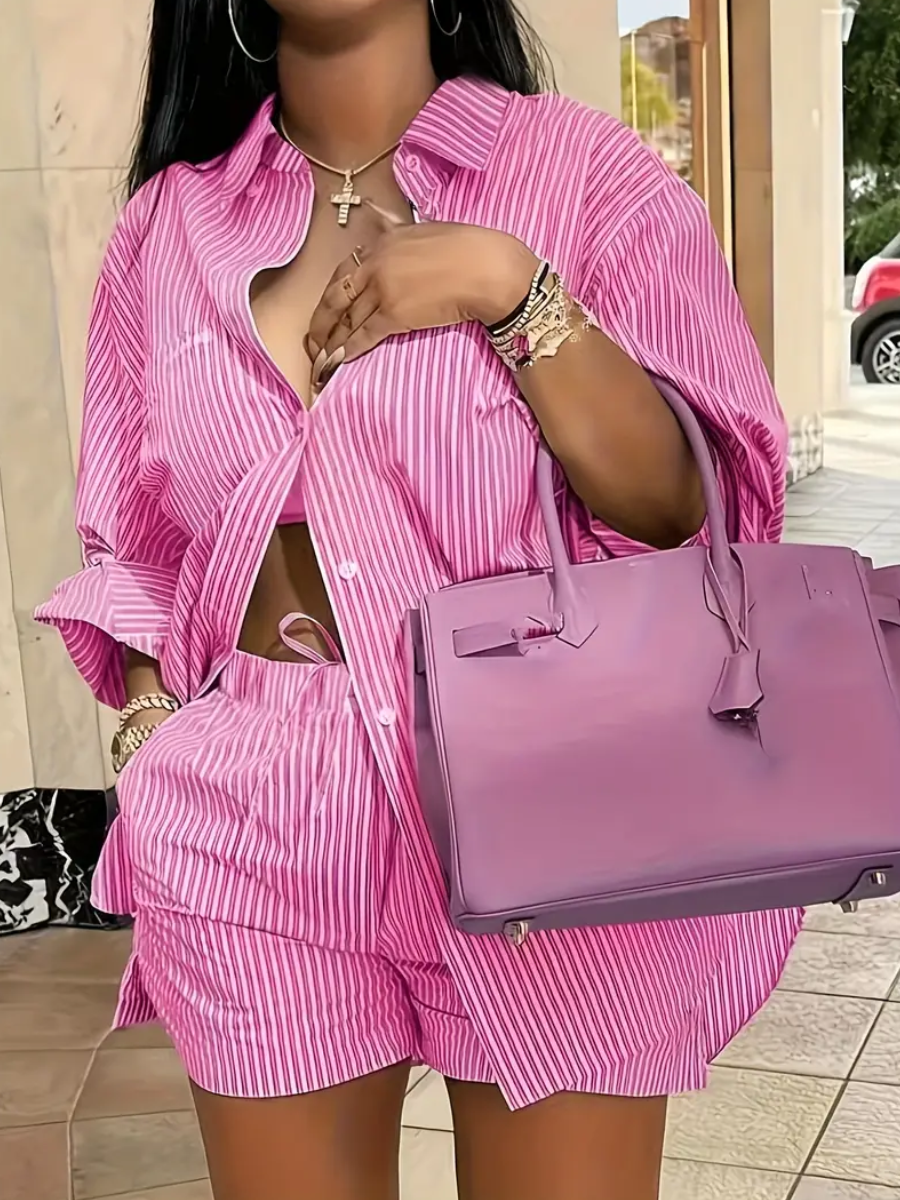 LovelyWholesale Plus Size Striped Drawstring Shorts Set Spring Long Sleeve Casual Pattern Turndown Collar  3X Spring Summer 2024