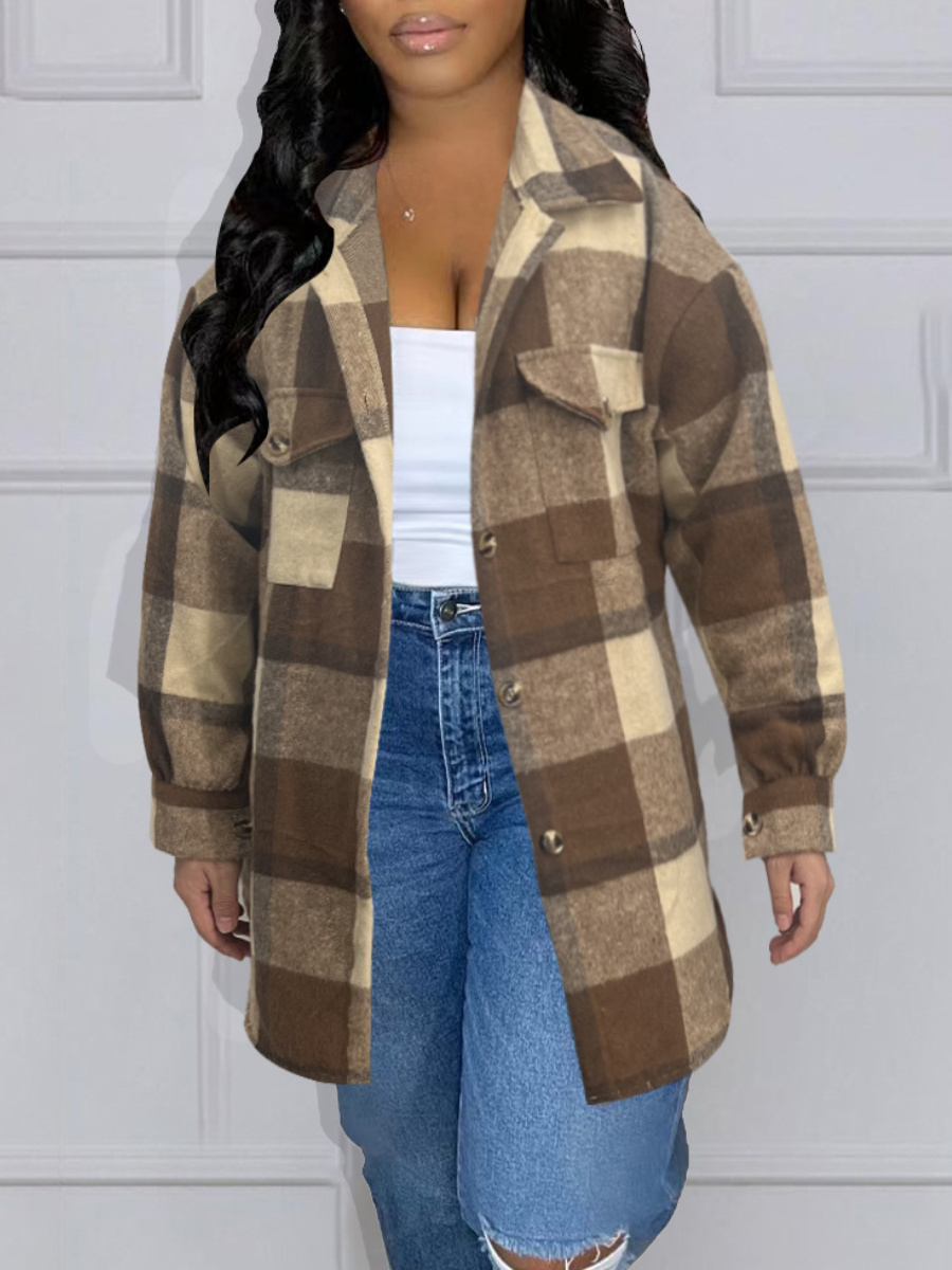 LovelyWholesale Plus Size Plaid Print Pocket Design Wool Winter Nine Points Sleeve Casual Turndown Collar  5X Spring Summer 2024