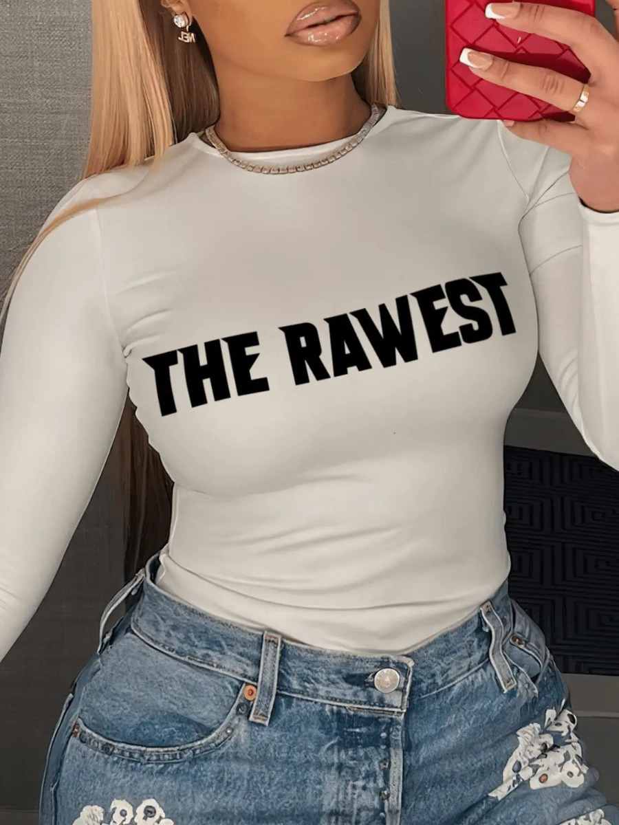 LovelyWholesale Plus Size Letter Print Skinny T-shirt Fall Long Sleeve Casual Pattern Round Neck  5X Spring Summer 2024