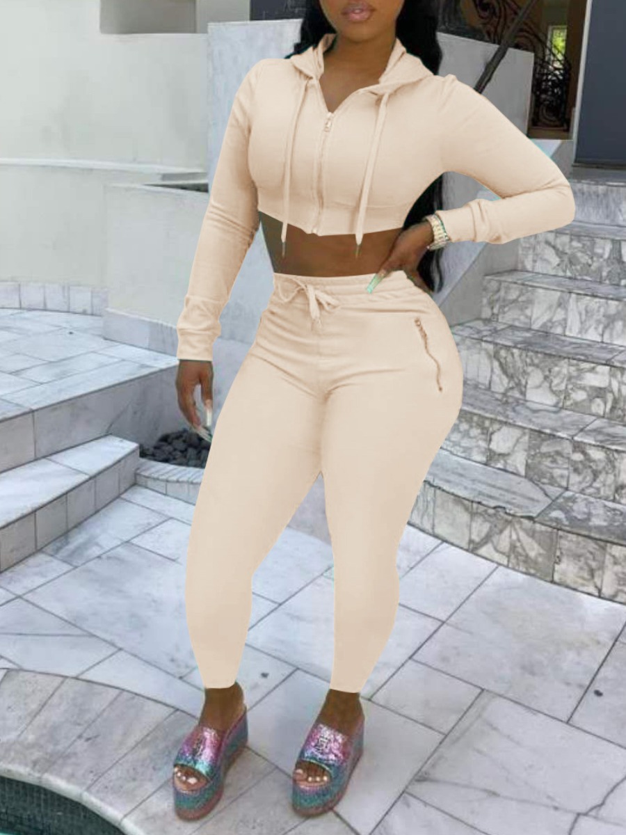 LW BASICS Hooded Collar Crop Top Drawstring Pants Set