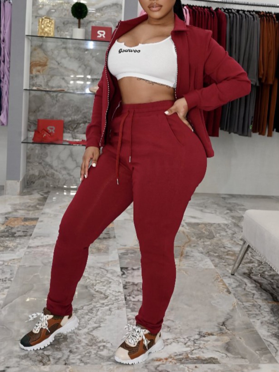 LW Zipper Design Drawstring Skinny Pants Set
