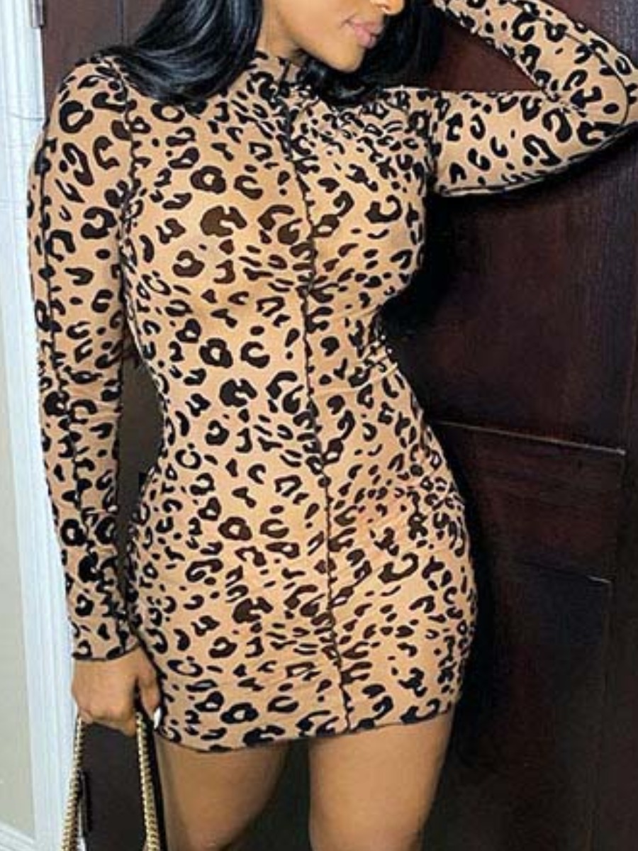 LW SXY Round Neck Pattern Leopard Bodycon Dress