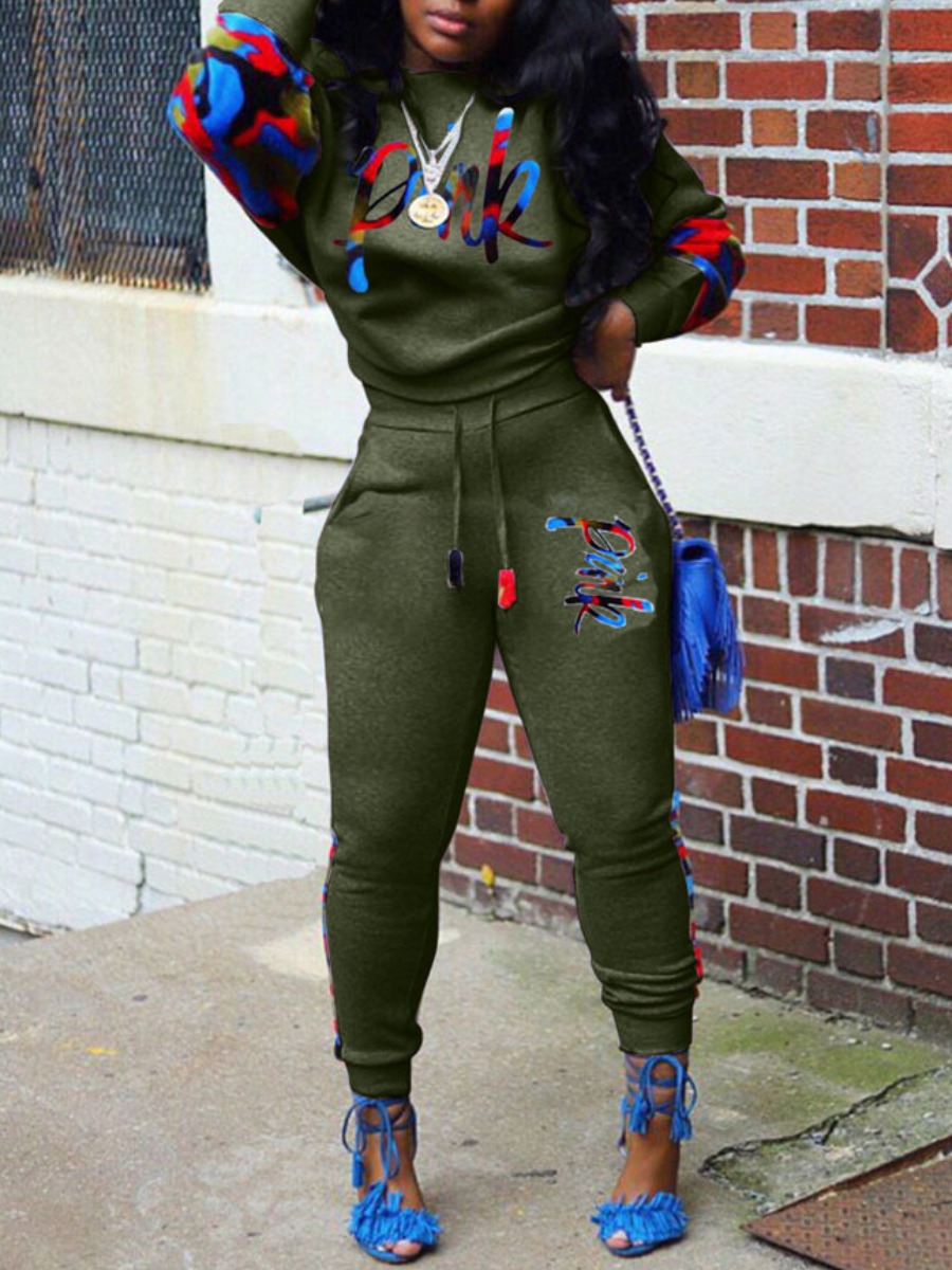 LW Plus Size Camo Pink Letter Print Drawstring Pants Set