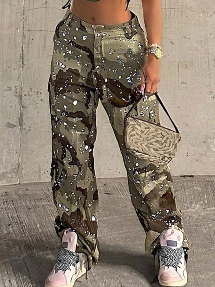 LW Camo Print Splash Ink Loose Cargo Pants