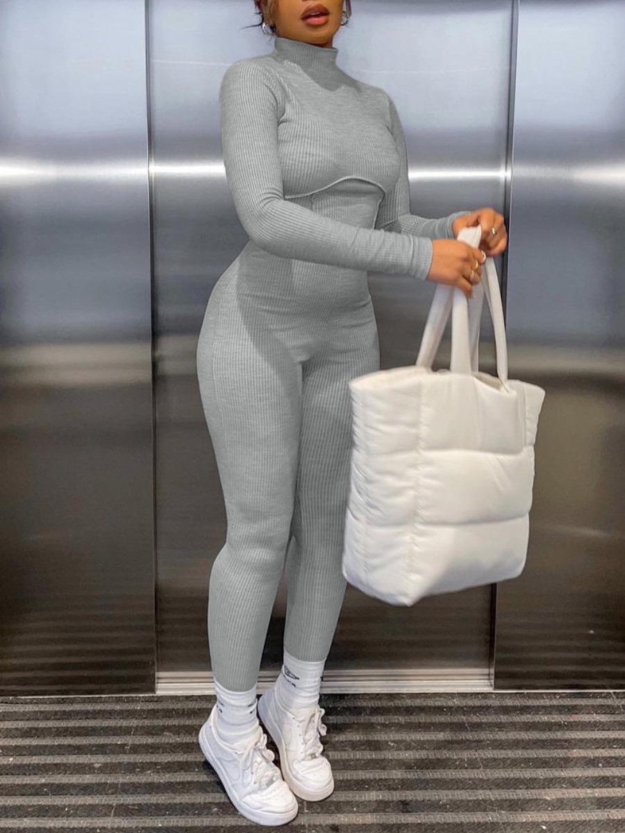 LovelyWholesale BASICS Turtleneck Skinny Jumpsuit Fall Long Sleeve Casual Solid Color Round Neck Spring Summer 2024